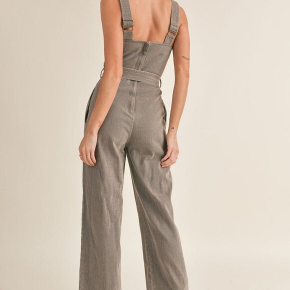 Women\'s Cotton Denim Overalls | Belted Jumpsuit | Charcoal Brown